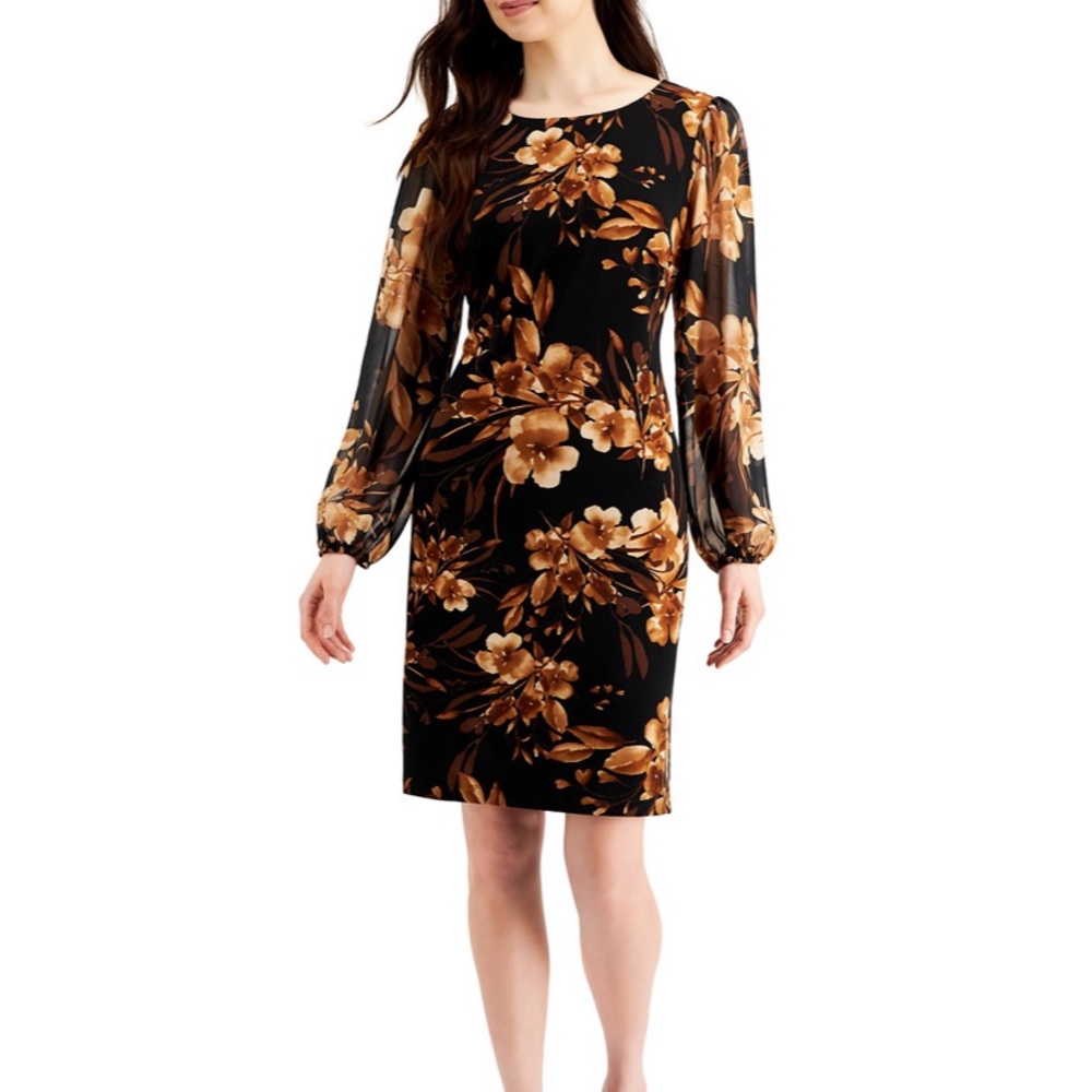 CONNECTED Sheer-Sleeve Floral Print Dress - Size 16 (petite)